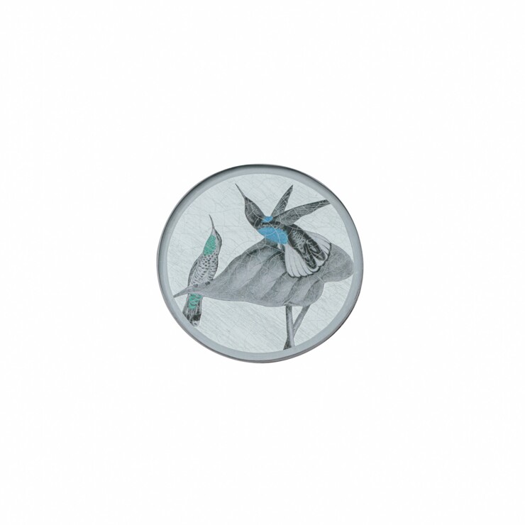 Round Coaster, Black & White hummingbird on silver leaf    £23