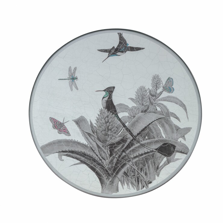 Round Tablemat, Black and White Hummingbirds on silver leaf    £45